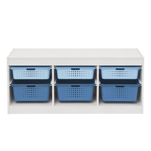 Kids sliding bin organizer with white frame and six blue perforated sliding bins