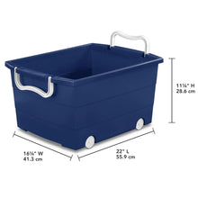 Blue rolling toy storage bin with handle and wheels, 22 x 16 x 11 in