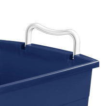Blue storage bin with white curved handle and open top