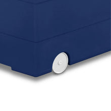 Blue storage bin corner with white caster wheel