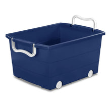Kids rolling toy storage bin with handle, blue interior, and caster wheels