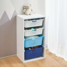 Kids sliding bin organizer with white frame and mixed white and blue perforated bins