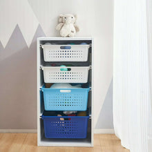 Kids sliding bin organizer with 4 blue and white perforated storage bins