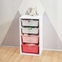 Kids sliding bin organizer with 4 pink, light pink, and white perforated bins