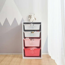 Kids sliding bin organizer with 4 pink and white perforated sliding storage bins
