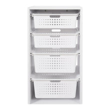 Kids sliding bin organizer with white frame and four white perforated storage bins