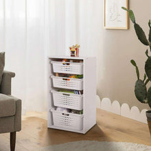 Kids sliding bin organizer with white frame and four white perforated storage bins
