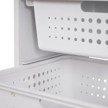 White perforated sliding bin with pull handle and dotted ventilation holes