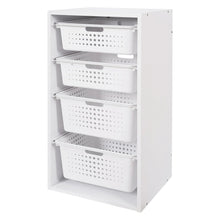Kids sliding bin organizer with white frame and four white perforated sliding bins
