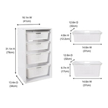Kids sliding bin organizer dimensions diagram with four white perforated bins