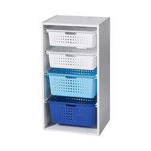 Kids sliding bin organizer with white frame and 4 blue perforated sliding bins