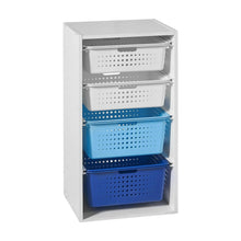 Kids sliding bin organizer with white frame and 4 blue perforated bins, front view