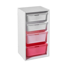 Kids sliding bin organizer with 4 red and white perforated storage bins in frame