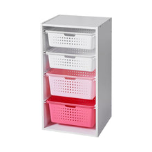Kids sliding bin organizer with 4 pink and white perforated sliding storage bins