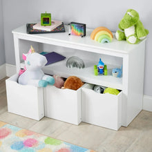 White toy storage cabinet with open shelf and three rolling bins