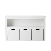 White storage cabinet with open shelf and three scalloped bin doors
