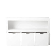 White storage cabinet front with three bin doors and scalloped pull trim