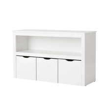 White kids toy storage cabinet with open shelf and three front bin doors