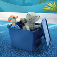 Blue plastic storage bin with lid holding plush toys