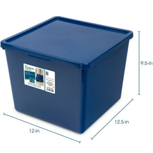 Blue plastic kids storage bin with lid, with product dimensions shown