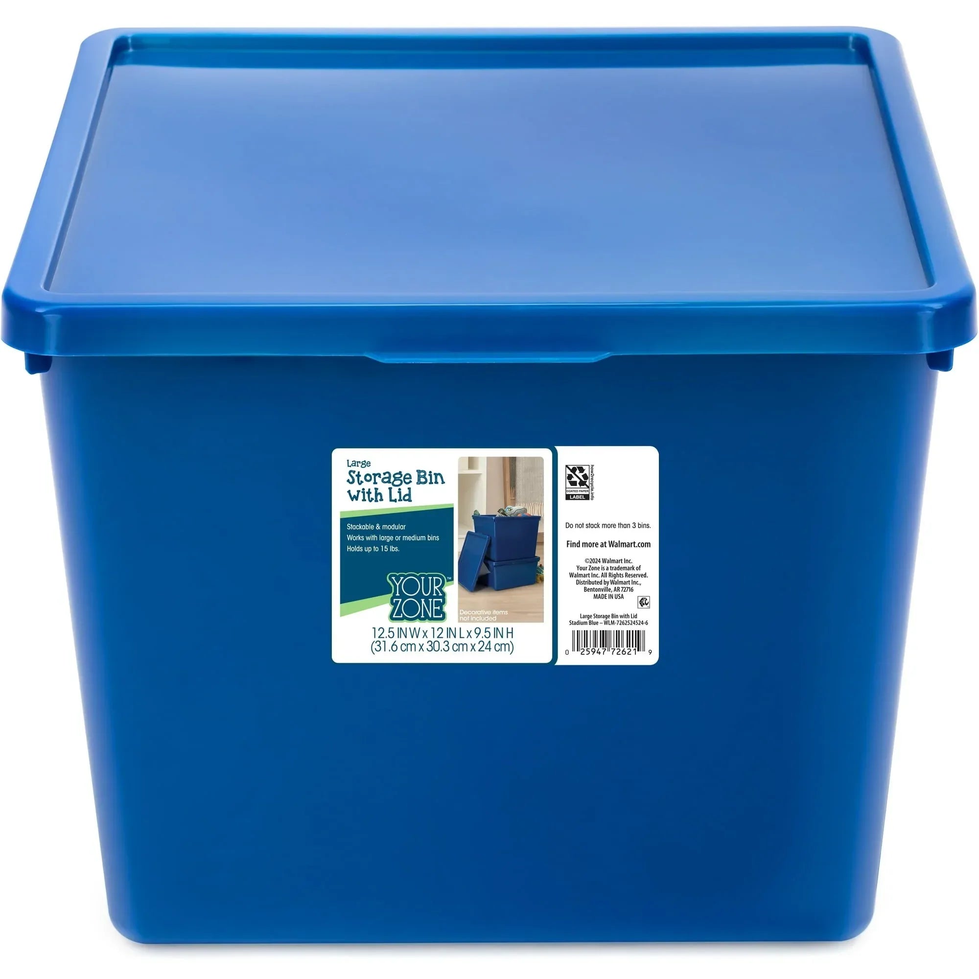 Your Zone Kids Large Plastic Stacking Storage Bin with Lid, 12 in x 12.4 in x 9.4 in