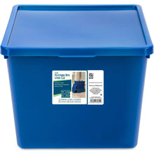 Blue plastic kids storage bin with lid, front label visible