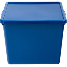 Blue plastic storage bin with lid, top view showing hinged latching tabs