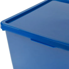 Blue plastic storage bin with lid, close-up of lid edge and handle tab