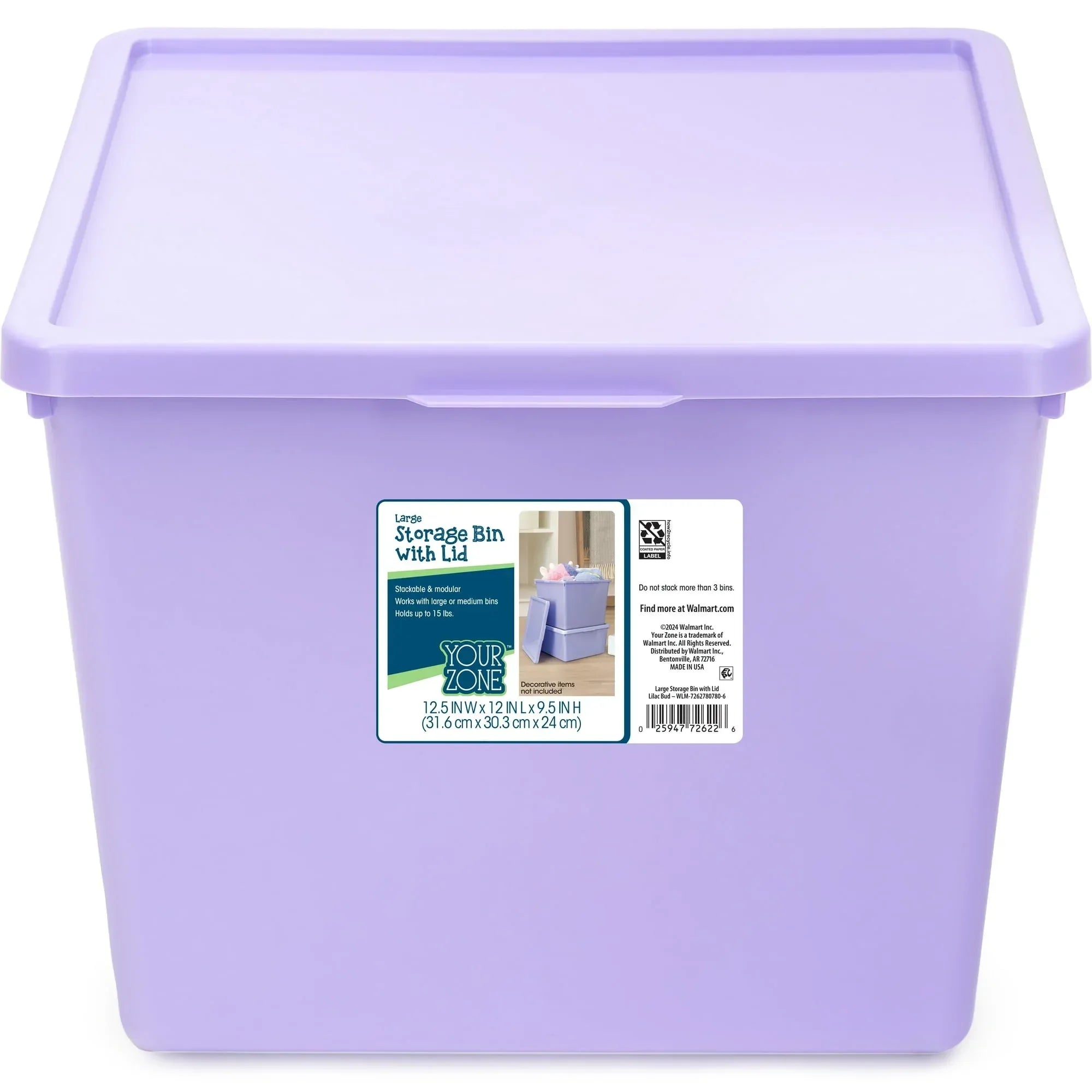 Your Zone Kids Large Plastic Stacking Storage Bin with Lid, 12 in x 12.4 in x 9.4 in
