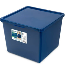 Blue plastic kids storage bin with lid, square stackable bin with molded handles