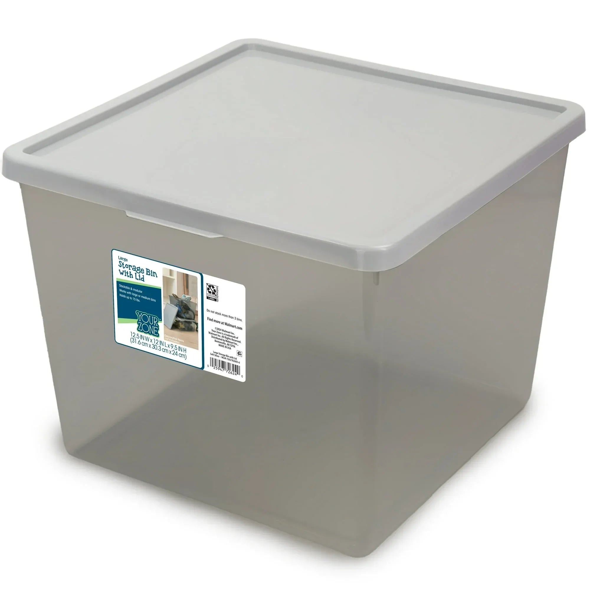 Your Zone Kids Large Plastic Stacking Storage Bin with Lid, 12 in x 12.4 in x 9.4 in