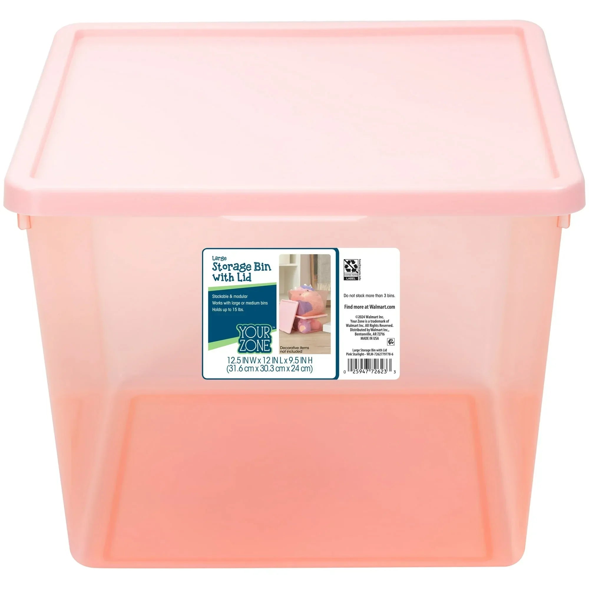 Your Zone Kids Large Plastic Stacking Storage Bin with Lid, 12 in x 12.4 in x 9.4 in