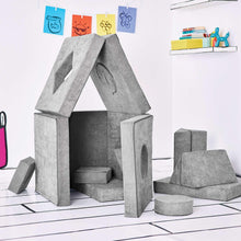 Convertible kids play fort in gray fabric, teepee-style walls with padded base and steps