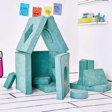 Convertible kids play fort in teal-green fabric, folding teepee-style walls and base pieces