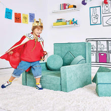Teal-green kids convertible play fort set with low seat, round cushions, and side blocks