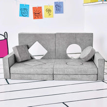 Gray convertible play fort with bench-style seating and loose cushions