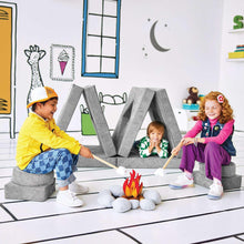 Gray convertible play fort with A-frame slide panels and stacked play blocks