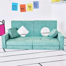 Teal-green convertible kids play fort with sofa-like cushions and rounded play openings