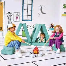 Kids play fort set in teal-green with folded panels and play arch