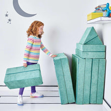 Teal-green convertible kids play fort set with tower blocks and arched doorway pieces