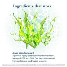 Algae-based omega-3 supplement ingredients graphic with green algae illustration
