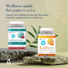 Assorted YouthTheory supplement jars on rocks with wellness text and plant graphics