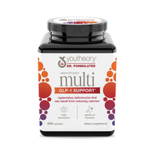 Youtheory multi GLP-1 support capsules bottle, black cap, white label with orange accents