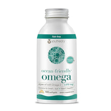 Omega-3 dietary supplement softgel bottle with teal ocean-friendly label, 100 softgels