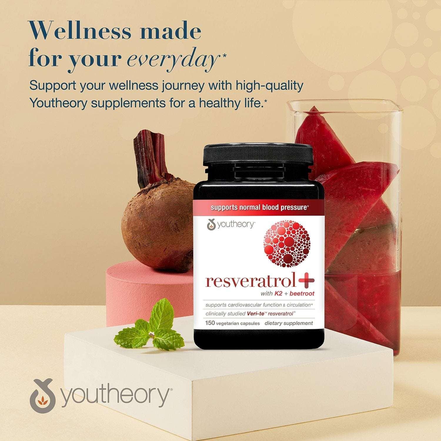 Youtheory Resveratrol+ Supplement Capsules with Vitamin K2 and Beetroot, 150 Count