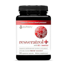 Youtheory resveratrol+ supplement capsules bottle with Vitamin K2 and beetroot label