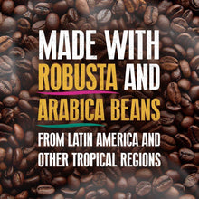Coffee beans with text about robusta and arabica beans from Latin America