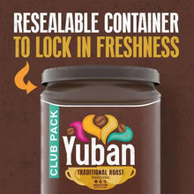 Resealable coffee container with 'Club Pack' side and Yuban Traditional Roast label