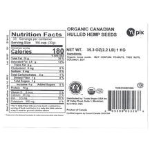 Nutrition facts label for organic hulled hemp seeds on product back