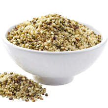 Bowl of hulled hemp hearts, pale green and beige mix
